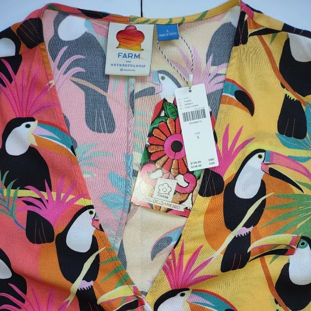 NWT FARM Rio Tropical Toucan Rainbow Chic Feminine Wrap Blouse Size Small - Picture 9 of 10